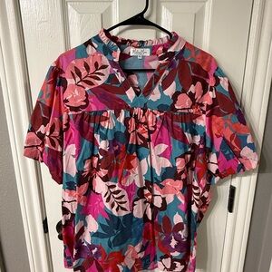 Floral V-Neck Short Sleeve Boutique Blouse XL